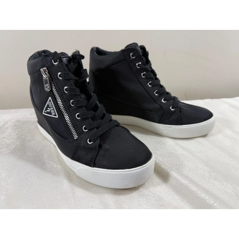 Guess Wedge High Top Sneakers Women 8.5 Black Lace Up Side Zip Logo Casual Shoes